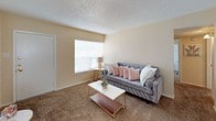 This single-floor unit offers a well-organized layout designed for comfortable everyday living. The living room is a welcoming space featuring plush carpet flooring, a large window with blinds that allows natural light to fill the room, and a textured ceiling — creating a relaxed and inviting atmosphere.

The kitchen is efficiently designed with white cabinetry providing ample storage, light countertops, hardwood-style flooring, and a full suite of appliances including a gas range, stainless steel refrigerator, and dishwasher — making it a practical space for home cooking.

The primary bedroom is a standout area, distinguished by a painted white brick accent wall that adds character and texture to the room. It features carpet flooring, a ceiling fan, a window with natural light, and a closet with built-in shelving. An adjoining bathroom includes a vanity with white cabinetry, a mirror with overhead lighting, and a separate water closet with a tub-shower combination and hardwood-style flooring.

A second bedroom offers carpeted floors, a ceiling fan, and a bright window — a versatile space suitable as a guest room, home office, or children's room. The overall design of the unit balances functionality with comfortable, understated style throughout.