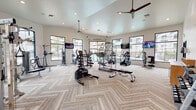 Located at 7990 E Snyder Rd in Tucson, Arizona, this fitness center is a spacious, single-floor facility designed to support a comprehensive workout experience. The room features soaring vaulted ceilings that lend an open, airy feel, complemented by recessed lighting and ceiling fans that keep the space comfortable during exercise. Large black-framed windows line the walls, flooding the interior with natural light and offering views of the surrounding outdoor areas, including what appears to be a pool courtyard.

The flooring throughout consists of a neutral-toned herringbone-patterned carpet tile, providing both aesthetic appeal and practical cushioning underfoot. Equipment is generously distributed across the floor plan, including cardio machines such as ellipticals, stationary bikes, and a rowing machine, alongside a variety of strength training stations, cable machines, and a multi-functional arch-style frame. A well-stocked dumbbell rack offers a range of free weight options for versatile training.

Multiple wall-mounted flat-screen televisions are positioned throughout the room for entertainment during workouts. Full-length mirrors along one wall enhance the sense of space and allow for form monitoring. Large glass panel doors provide access to the adjacent outdoor area, while a small storage cabinet and beverage cooler add functional convenience to the space.