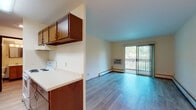 This single-floor residence offers a practical and functional layout across several well-defined living spaces. The galley-style kitchen is outfitted with warm wood cabinetry on both sides, providing ample upper and lower storage. Light-toned countertops run the length of both walls, accompanied by a double basin sink, a white electric range, and a refrigerator. Light wood-tone flooring runs underfoot, and overhead fluorescent lighting ensures a bright workspace. The kitchen connects directly toward the bathroom, streamlining the unit's flow.

The living area is open and spacious, featuring smooth hardwood-style flooring and neutral cream-toned walls. Baseboard heating lines the perimeter, and a wall-mounted air conditioning unit provides climate control. A sliding glass door opens to a private balcony with wooden railings, allowing natural light to fill the space and providing pleasant outdoor views of surrounding greenery.

An adjoining area with light hardwood flooring features a pendant light fixture, suggesting a dedicated dining space. The bedroom is carpeted and bright, with a sliding window framing views of mature trees and the balcony area. The full bathroom includes a tub and shower with sliding glass doors, a wood-framed vanity mirror, a single-sink vanity with cabinet storage below, and light vinyl flooring.