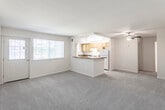 This single-story residence offers a straightforward, functional layout designed to maximize the use of its open living space. The main living area is generously proportioned, featuring wall-to-wall carpeting in a neutral tone and a ceiling fan with integrated lighting. Natural light enters through multiple windows, including a large picture window and a glass-paneled exterior door, providing views of surrounding greenery. The neutral wall tones throughout create a clean, understated ambiance.

The kitchen is positioned adjacent to the living area and is defined by a peninsula with a dark laminate countertop, serving as a natural divider between the two spaces. Inside the kitchen, light wood cabinetry lines the walls from base to ceiling, complemented by matching dark countertops. White appliances include a gas range, dishwasher, and refrigerator, alongside an under-cabinet range hood. Tile flooring and a window above the sink add practicality and additional natural light.

The bedroom is carpeted and offers a reach-in closet with bifold doors, providing organized storage. The bathroom includes a full tub and shower combination with white square tile surround and chrome fixtures, maintaining a clean and functional aesthetic throughout.