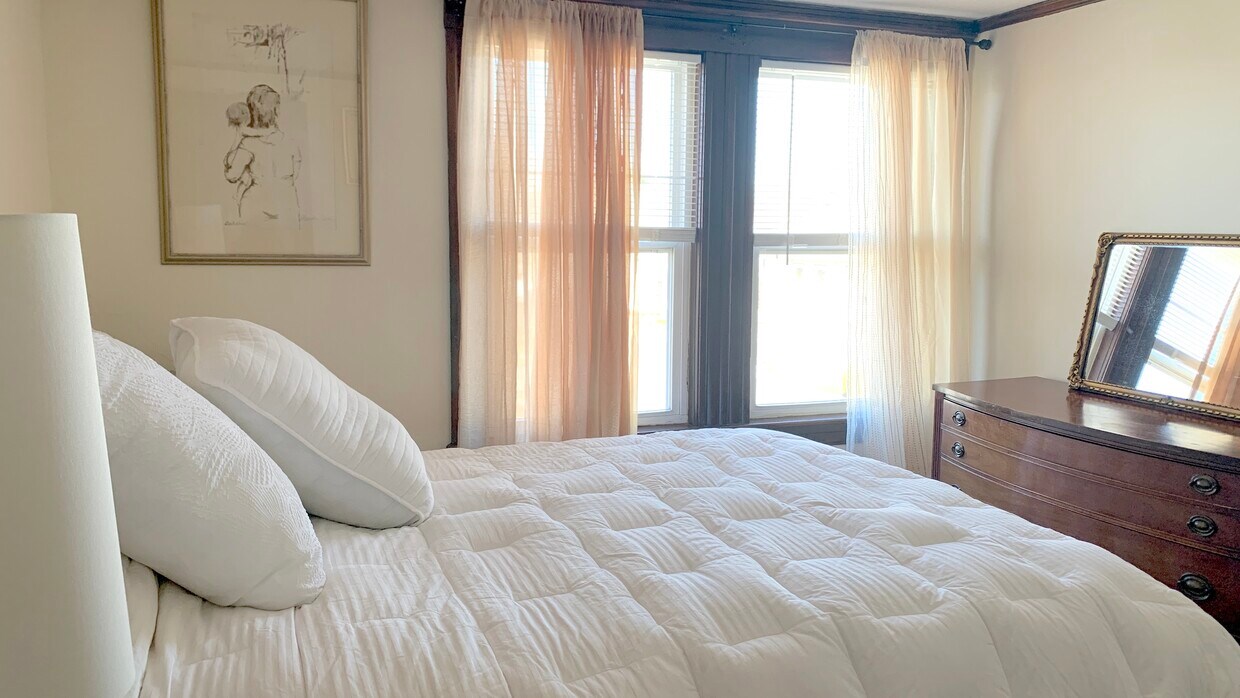 Furnished Bedroom with comfy queen size bed, night stand, lamp, dresser, and full length mirror - 12 Homer St