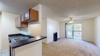 This single-story residence at 3708 Kecoughtan Road in Hampton, Virginia offers a practical and comfortable layout with several notable features throughout. The open-concept living area is carpeted and anchored by a fireplace with a glass-front surround, providing a focal point for the room. A ceiling fan overhead aids in air circulation, while a sliding glass door invites natural light and provides direct access to an outdoor space. The kitchen is laid out in a galley style, featuring wood-toned cabinetry, dark countertops, black appliances including a refrigerator, range, and over-the-range microwave, and light tile flooring. A peninsula with a built-in sink connects the kitchen to the living area, creating a convenient pass-through design. The bedroom is generously sized with carpet flooring, access to an additional sliding door, a side window, and a spacious walk-in closet equipped with built-in shelving. The bathroom includes a dark wood vanity with a white countertop, a large mirror, and a tub-shower combination. Textured ceilings are consistent throughout the unit.
