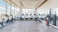 Located in Calgary, AB, this modern fitness facility occupies a single expansive floor, offering a comprehensive workout environment with impressive elevated views of the city skyline and surrounding neighbourhoods. Floor-to-ceiling curtain-wall windows wrap around the space, flooding the interior with abundant natural light and framing sweeping panoramic views that serve as a motivating backdrop throughout the facility.

The main fitness area features durable rubber flooring and houses a well-appointed row of treadmills positioned directly facing the city views, alongside elliptical trainers, stationary bikes, and a multi-station strength machine. High ceilings with recessed and track lighting enhance the open, airy feel of this zone.

A secondary area with light hardwood-style flooring provides a versatile multi-purpose studio space, ideal for stretching, yoga, or functional training. This section is equipped with stability balls, resistance equipment, and a weight rack, and features frosted-glass partition doors for privacy. Towering windows and a skylight bring additional natural light into this zone, while French doors open directly onto an outdoor terrace, extending the workout experience outside.

Together, the two zones create a well-rounded, light-filled fitness environment designed to accommodate a wide variety of exercise preferences.