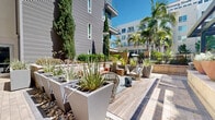 Located at 98 N 1st St in the heart of San Jose, California, this thoughtfully designed outdoor courtyard offers a well-appointed amenity space ideal for relaxation and social gatherings. The space is anchored by a striking steel pergola structure with a translucent roof panel that filters natural sunlight while providing partial shade across the paver-laid courtyard below.

A fully equipped outdoor kitchen serves as a central feature, outfitting the space with multiple stainless steel grills, ample counter space, and a dedicated dining area with modern table and chairs — perfect for al fresco entertaining. Adjacent to the kitchen, large terracotta bowl planters mounted on a raised stone ledge add bold visual interest and greenery beneath additional pergola coverage.

Separate lounge zones are defined by decorative area rugs and feature woven accent chairs, cushioned seating, and angular concrete planters filled with ornamental grasses and succulents, creating a relaxed, resort-like atmosphere. Tall Italian cypress trees, swaying palms, and layered shrubs line the perimeter, providing natural screening and a lush green backdrop against the surrounding building facades. Stone-tiled pathways connect each seating area, and warm accent lighting integrated throughout ensures the space is equally inviting after dark.