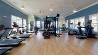 Located at 900 Owl Wood Lane in Summerville, South Carolina, this fitness center offers a thoughtfully designed, single-floor workout facility that combines functionality with an appealing aesthetic. The space is characterized by bold blue accent walls, crisp white shiplap paneling, and warm hardwood-style flooring that together create an inviting yet energizing atmosphere.

Large, white-trimmed windows line multiple walls throughout the facility, allowing abundant natural light to fill the space and providing pleasant views of the surrounding community and outdoor pool area. The elevated ceilings are fitted with pendant lights and ceiling fans, ensuring the space remains bright, comfortable, and well-ventilated during workouts.

The fitness center is comprehensively equipped to support a full range of training goals. A dedicated cardio zone features multiple treadmills and an elliptical machine positioned in front of the windows. The strength and functional training area includes a multi-station cable and weight machine, a power rack, a dumbbell rack, a rowing machine, and a mini trampoline for dynamic training. Full-length mirrors along one wall enhance the sense of space and allow for proper form monitoring. Glass doors connect distinct zones within the facility, adding a modern architectural detail while maintaining an open, airy feel throughout.