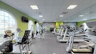 This fitness center is a comprehensive, single-floor facility designed to support a full range of workout routines. The space is immediately defined by its bold aesthetic — vivid lime-green accent walls are paired with a striking typographic mural that covers an entire wall, featuring fitness-themed words such as "Intensity," "Cardio," "Mental," and "Increase," creating a motivating atmosphere throughout.

The layout is open and well-organized, with dedicated zones for both cardio and strength training. A row of treadmills runs along one side of the room, complemented by elliptical machines and stationary bikes to provide a thorough selection of cardio options. The strength training area is stocked with cable and weight machines, a free weight rack with dumbbells, and a flat bench, accommodating a wide variety of resistance exercises.

Large floor-to-ceiling mirrors line one wall, visually expanding the space and allowing users to monitor their form during workouts. Arched windows along the perimeter allow natural light to filter in, offering views of the surrounding outdoor area. Wall-mounted flat-screen televisions provide entertainment during workouts. The floor is covered in durable rubber mat flooring, ensuring safety and comfort. Recessed panel ceiling lighting provides bright, even illumination throughout the entire facility.