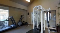 This fitness center offers a dedicated, single-floor space designed to support a comprehensive workout routine. The room is defined by its notably high, vaulted ceilings that create an open, airy atmosphere, enhancing the sense of spaciousness throughout. Warm, neutral-toned walls and carpeted flooring contribute to a comfortable environment conducive to exercise.

Natural light is a prominent feature, provided by a set of classic French doors fitted with horizontal slatted blinds, as well as additional windows along the surrounding walls. A skylight further supplements the brightness from above, keeping the space well-lit throughout the day.

The fitness center is equipped with a substantial multi-station cable weight machine, capable of supporting a wide range of strength-training exercises. Cardio equipment includes an elliptical trainer and additional machines positioned along the perimeter. A barbell and weight plates are also present, accommodating free-weight training. Decorative indoor plants are placed thoughtfully around the room, adding a natural touch to the functional environment. An informational chalkboard is mounted on the wall, providing a practical point of reference for users. Overall, this fitness center combines practical equipment, architectural character, and natural light to deliver a well-rounded exercise facility.