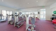 This single-level fitness center is designed to accommodate a full range of workout needs within a spacious, open layout. The interior features crisp white walls, recessed ceiling lighting, and plush burgundy carpet flooring throughout, creating a clean and energizing atmosphere.

The strength training area is generously outfitted with multiple Life Fitness cable and resistance machines, free-standing weight stations, and adjustable benches, offering a thorough selection for both upper and lower body workouts. A dedicated rack holds stability balls of varying sizes alongside kettlebells, supporting functional and flexibility training. A dual water fountain station set against a dark tile accent wall provides a practical hydration point within the space.

The cardio zone lines the windowed perimeter, featuring a row of treadmills and additional cardio equipment positioned to take advantage of large sliding glass doors and windows that overlook the surrounding building exterior, allowing ample natural light to fill the room.

Black-framed glass partitions elegantly connect the fitness center to an adjoining lounge or common area, which features warm wood ceiling details and light finishes, adding architectural interest and visual continuity to the overall space.