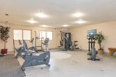 Located at 315 Margaret Ave in Kitchener, Ontario, this amenity space offers residents a comprehensive fitness and recreation facility spread across a single, generously sized floor. The space is divided into two primary areas, each purpose-built to support an active lifestyle.

The fitness area is well-appointed with a variety of cardio and strength equipment, including multiple treadmills, stationary and recumbent bikes, an elliptical trainer, a cable machine, a power rack, and free weights. Ceiling fans and overhead fluorescent lighting keep the space comfortable and well-lit, while neutral-toned carpeting and tile flooring provide practical, durable surfaces throughout. Wall-mounted décor and a clock contribute to a welcoming, functional atmosphere.

A standout feature of this facility is the dedicated indoor golf practice area, enclosed with a full net cage and artificial turf flooring. Complete with a hitting mat, this space allows residents to practice their swing year-round regardless of weather conditions.

A central common area with tiled flooring connects the two zones and provides additional open space. Multiple doors lead to adjacent rooms and storage areas, and the layout flows intuitively throughout. The textured ceilings, consistent lighting, and clean, neutral walls give the entire facility a practical yet comfortable character suited to everyday use.