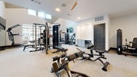 Located in Celina, TX, this dedicated exercise room is a fully realized fitness space designed to support a wide range of training styles. The room features soaring ceilings that create an open, airy atmosphere, enhanced by clerestory windows that draw in natural light from above. Neutral-toned carpet covers the floor throughout, providing a clean and functional surface underfoot.

The space is comprehensively outfitted with professional-grade equipment, including a multi-station cable and weight machine, a TKO heavy punching bag suspended from a sturdy ceiling-mounted rack, adjustable weight benches, and a full dumbbell rack displayed alongside a large wall-mounted mirror. Additional specialty machines for targeted muscle training are positioned throughout the room, offering versatility for a complete workout regimen.

A wall-mounted flat-screen television provides entertainment during training sessions, while a ceiling fan ensures comfortable air circulation. Built-in cabinetry with a beverage refrigerator adds a convenient amenity to the space. Glass panel doors with a modern frame offer a sleek entry point, maintaining visual openness between areas. The white walls and recessed lighting contribute to a clean, modern aesthetic, making this exercise room both functional and refined.