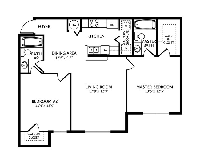 Plano de planta de dos habitaciones en Lake Shore Apartments - Lake Shore Apartments