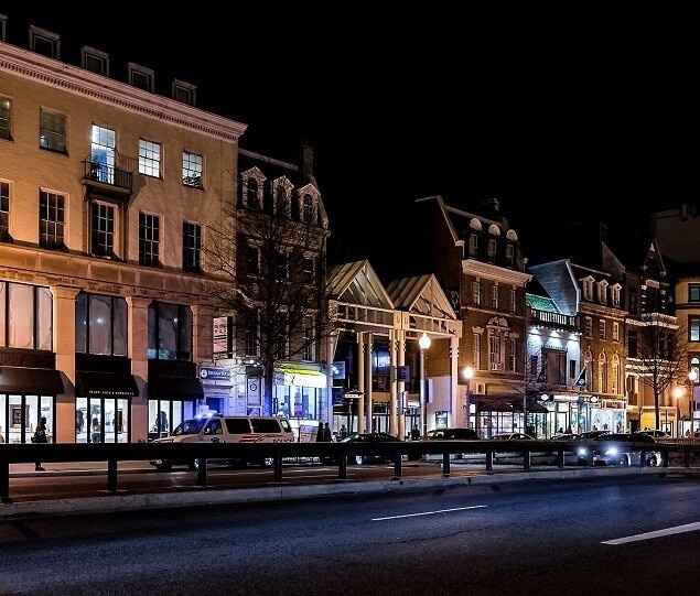 Shops and restaurants in the evening