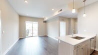 This well-appointed 1-bedroom, 1-bathroom residence in Troy, Michigan, offers a thoughtfully designed open-concept layout that maximizes every square foot. The living area flows seamlessly from the kitchen, featuring durable hardwood-style flooring, recessed lighting, and neutral warm-toned walls that create a bright and welcoming atmosphere. Sliding glass doors lead to a private balcony, filling the living space with natural light and providing outdoor views of the surrounding community.

The modern kitchen is a standout feature, centered around a large island with a white quartz countertop and an undermount sink with a contemporary faucet. Light wood cabinetry, a mosaic tile backsplash, and a full suite of stainless steel appliances — including a gas range, microwave, and refrigerator — complete the functional and stylish space. Pendant lighting adds a refined touch overhead.

The bedroom is a comfortable retreat, finished with plush carpeting and a large window that invites ample natural light. The bathroom showcases a clean, modern aesthetic with a light wood vanity, white quartz countertop, and a backlit frameless mirror. Throughout the unit, consistent attention to contemporary design details and quality finishes creates a cohesive and polished living environment.