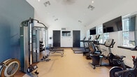 This single-level fitness center is designed to support a comprehensive workout experience within a bright, well-appointed space. The room features a striking vaulted ceiling that rises to a considerable height, lending the interior an open, airy quality that enhances the overall sense of spaciousness. White walls contrast with dark-framed doors and a bold blue accent wall, giving the space a clean, modern aesthetic.

The facility is equipped with a full lineup of TRUE-brand cardio equipment, including treadmills, elliptical trainers, and a stationary bike, all positioned along the windowed wall to allow natural light and outdoor views during workouts. Multiple flat-screen televisions are mounted above the cardio stations for entertainment. On the strength side, the space includes a multi-function cable machine, adjustable weight benches, and a tiered dumbbell rack with a wide range of weights, accompanied by a large wall mirror that enhances visibility and the sense of depth.

Recessed lighting supplements the natural light provided by multiple windows along the perimeter. A set of glass double doors at one end opens directly to the outdoor courtyard, further connecting the interior to the surrounding environment. The flooring is a durable, light-toned fitness surface suited for both cardio and strength training activities.
