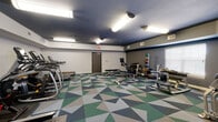 This fitness center is a thoughtfully designed, single-floor exercise facility that offers a comprehensive range of workout options. The space is defined by its striking geometric-patterned carpet tiles in shades of green, gray, and beige, which create a dynamic and energetic atmosphere underfoot. A deep navy-painted ceiling contrasts sharply with the light gray walls, lending the room a modern, polished aesthetic. Overhead fluorescent lighting ensures the entire space is well-lit throughout.

The cardio zone features multiple treadmills and elliptical cross-trainers, each equipped with digital displays, lined neatly along one wall to maximize floor space. Across the room, a dedicated strength training area includes a multi-station cable machine, adjustable weight benches, a barbell rack with weight plates, and a dumbbell rack offering a variety of weight options. A stationary cycling bike with an integrated screen provides an additional cardio option, while medicine balls and stability balls round out the functional fitness offerings.

A motivational "Hustle" sign is mounted near the entrance, reinforcing the energetic atmosphere. A window along one wall allows for natural light, complementing the overhead fixtures. The space is monitored by security cameras and features HVAC vents for climate control, ensuring a comfortable environment for all types of workouts.