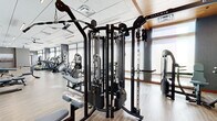 Located at 2121 S Broadway in Denver, Colorado, this fitness center is a single-floor facility designed to support a full spectrum of workout needs. The space features a clean, modern aesthetic with light wood-plank flooring, neutral gray structural columns, and a drop-panel ceiling with recessed and linear lighting supplemented by ceiling fans for air circulation.

Large windows along the perimeter flood the space with natural light, creating an open and energizing atmosphere. One end of the facility is anchored by a warm wood-paneled ceiling accent and built-in shelving, adding a refined architectural touch.

The cardio zone is well-appointed with a row of treadmills, stair climbers, stationary bikes, ellipticals, and rowing machines, all positioned to take advantage of the natural light from the windows. The strength training area includes a multi-station Matrix cable machine system, a full dumbbell rack with mirrors, adjustable benches, and a variety of plate-loaded equipment. Functional training accessories such as medicine balls and stability balls are neatly organized on dedicated racks.

A separate glass-door studio space is accessible from the main floor, suitable for group classes or personal training sessions. The facility is thoughtfully laid out to maximize floor space and provide a comfortable, professional environment for all fitness levels.