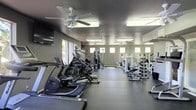 This fitness center offers a comprehensive workout environment designed to accommodate a variety of exercise routines. The space is outfitted with a generous selection of cardio equipment, including ellipticals, stair climbers, and stationary bikes, all arranged along one side of the room for easy access. Opposite the cardio section, a row of strength training machines and weight stations provides ample options for resistance-based workouts. The flooring is a durable, dark rubberized surface well-suited for high-traffic gym use. Overhead, ceiling fans work in tandem with recessed panel lighting to maintain a comfortable and well-lit atmosphere throughout the space. A wall-mounted flat-screen television adds an entertainment option for users during their workouts. Natural light filters in through a series of windows positioned along the upper portion of the walls, contributing to an open and airy feel. The neutral gray walls and dark ceiling create a focused, modern aesthetic. Full-length mirrors along one wall enhance the sense of space while allowing users to monitor their form. Overall, the fitness center is thoughtfully laid out to maximize functionality and comfort for its users.