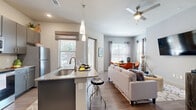 Located at 1507 Mission Road in San Antonio, TX, this well-appointed one-bedroom, one-bathroom unit offers a thoughtfully designed single-floor layout. The open-concept living and kitchen area forms the heart of the home, where warm hardwood-style flooring, soaring vaulted ceilings, and abundant natural light from multiple windows create a bright, welcoming atmosphere. A ceiling fan keeps the living room comfortable year-round.

The kitchen is a standout feature, boasting sleek granite countertops, a spacious island with bar seating, contemporary gray cabinetry, a subway tile backsplash, and a full suite of stainless steel appliances including a refrigerator, electric range, and built-in microwave. Elegant pendant lighting accents the island.

The generously sized primary bedroom features vaulted ceilings, a walk-in closet with built-in shelving, and a warm, relaxing ambiance with natural light from a dedicated window. The bathroom includes a glass-enclosed walk-in shower with white subway tile and wood-look flooring. A dedicated laundry room with full-size washer and dryer adds everyday convenience. Two closets and multiple hallways complete the practical, well-organized floor plan of this San Antonio residence.