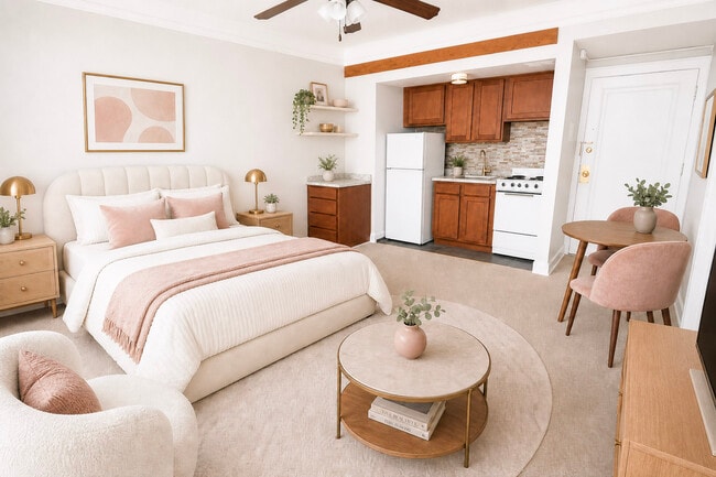Carpeted Adrian Studio - Staged - Oakland Apartments