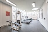Located at 1130 Queens Ave in Oakville, Ontario, this fitness centre offers a thoughtfully designed single-floor space for residents to exercise and stay active. The facility is divided into two distinct functional zones that flow seamlessly into one another.

The cardio area is a standout feature, bathed in abundant natural light through expansive floor-to-ceiling windows that frame serene views of surrounding trees and greenery. Treadmills and elliptical trainers are positioned to take full advantage of the outdoor scenery, creating an energizing workout environment. A circular skylight overhead further enhances the brightness and openness of this zone, while a wall-mounted air conditioning unit ensures year-round comfort.

The strength training area transitions to a more focused, functional aesthetic, finished with light grey walls and durable rubber flooring throughout. It is equipped with a power rack, adjustable benches, a comprehensive dumbbell rack, and a cable machine, providing a full range of resistance training options. Large mirrors line one wall, amplifying the sense of space and allowing users to monitor their form. Motivational black-and-white athletic artwork adorns the walls, adding a purposeful character to the space.

Flush-mounted rectangular ceiling lights provide consistent, even illumination across the entire facility, complementing the natural light. A water fountain is conveniently accessible, and the space is served by an automatic sliding door entrance.