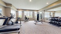 This fitness center is designed to support a wide range of workout routines in a clean, welcoming environment. The space is finished with neutral-toned walls, a textured ceiling, and wall-to-wall carpet, creating a comfortable and functional atmosphere throughout. Recessed lighting illuminates the room evenly, complemented by an abundance of natural light pouring in through large multi-pane windows that offer views of the surrounding greenery.

The cardio area is equipped with treadmills, an elliptical trainer, and a rowing-style machine, all positioned to take advantage of the natural light and outdoor views. A wall-mounted flat-screen television is conveniently placed nearby for entertainment during workouts. The strength training section features a cable machine and an adjustable weight bench, while a full rack of dumbbells provides a comprehensive range of free weight options. Large mirrors line the walls, enhancing the sense of space and allowing for proper form checks during exercise.

The functional fitness corner is stocked with stability balls in multiple sizes, resistance bands, yoga mats, and a storage rack for accessories. A wall-mounted TV in this area adds to the versatility of the space. A glass-panel door provides access to an adjacent area with hardwood-style flooring and a dual-level water fountain station, ensuring hydration is always within easy reach. The overall design is practical and well-organized, making this fitness center a comprehensive amenity.