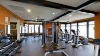 This fitness center is thoughtfully designed to support a comprehensive workout experience. The space features a striking interior with bold orange accent walls contrasted against dark-framed windows and exposed beam ceiling details, creating a motivating and energetic atmosphere. Recessed lighting and ceiling fans are distributed throughout, ensuring the space remains well-lit and comfortable during any workout session. Large windows line the perimeter, flooding the floor with natural light and providing an open, airy feel. The facility is outfitted with a robust selection of equipment, including a multi-station cable machine for functional strength training, a dedicated free weights area with a rack of dumbbells and a flat bench, and a row of cardiovascular machines — including ellipticals and treadmills — positioned to take advantage of the natural light from the windows. The dark rubber flooring provides a durable, non-slip surface suitable for a wide range of exercises. The overall layout is spacious and organized, allowing for comfortable movement between equipment zones. The combination of modern design elements, ample equipment variety, and bright, open surroundings makes this a practical and inviting space for fitness enthusiasts of all levels.