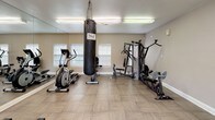 This dedicated fitness center offers a comprehensive workout environment designed to support a wide range of exercise routines. The space is finished with durable wood-look tile flooring throughout, neutral beige walls, and bright fluorescent overhead lighting that keeps the area well-lit and energizing.

A full wall of floor-to-ceiling mirrors lines one side of the room, visually expanding the space and allowing users to monitor their form during workouts. On the cardio side, a treadmill and multiple elliptical machines are positioned along the mirrored wall, each accompanied by wall-mounted televisions for entertainment during exercise.

Strength training is well represented with a multi-station cable and weight machine, a weight bench, and a suspended Everlast heavy punching bag — ideal for boxing and functional fitness training. A rack of exercise balls in varying sizes is neatly stored near the entrance, offering options for core and flexibility work.

Natural light filters in through several windows fitted with blinds, complementing the overhead lighting. The space includes two access doors, one of which serves as an emergency exit. The overall layout is thoughtfully organized, providing dedicated zones for cardio, strength, and functional training within a clean, functional, and accessible fitness facility.