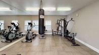 This dedicated fitness center offers a comprehensive workout environment designed to support a wide range of exercise routines. The space is finished with durable wood-look tile flooring throughout, neutral beige walls, and bright fluorescent overhead lighting that keeps the area well-lit and energizing.

A full wall of floor-to-ceiling mirrors lines one side of the room, visually expanding the space and allowing users to monitor their form during workouts. On the cardio side, a treadmill and multiple elliptical machines are positioned along the mirrored wall, each accompanied by wall-mounted televisions for entertainment during exercise.

Strength training is well represented with a multi-station cable and weight machine, a weight bench, and a suspended Everlast heavy punching bag — ideal for boxing and functional fitness training. A rack of exercise balls in varying sizes is neatly stored near the entrance, offering options for core and flexibility work.

Natural light filters in through several windows fitted with blinds, complementing the overhead lighting. The space includes two access doors, one of which serves as an emergency exit. The overall layout is thoughtfully organized, providing dedicated zones for cardio, strength, and functional training within a clean, functional, and accessible fitness facility.