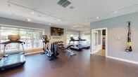 Located at 1421 Carolina Ct in Schaumburg, IL, this well-equipped fitness center offers a comprehensive workout facility across a single floor. The main exercise area is finished with durable rubber flooring and features track lighting that illuminates the space efficiently. Multiple large windows frame views of the surrounding neighborhood, flooding the room with natural light and creating an open, inviting atmosphere. The walls are painted in a calming light blue-gray tone, complemented by white trim throughout.

The primary workout area is outfitted with treadmills, elliptical trainers, a multi-station cable machine, and a free weight station complete with a full rack of dumbbells and a weight bench. A wall-mounted flat-screen television and a bold "NO EXCUSES" motivational wall decal serve as focal points. TRX suspension training straps are mounted on a dedicated wall, providing versatility for bodyweight training. A separate room houses cycling bikes and a rowing machine, with its own large window overlooking the outdoors. An additional adjoining room contains medicine balls and other functional fitness accessories. Full-length mirrors, built-in speakers, and safety equipment round out this thoughtfully designed, multi-zone fitness facility.