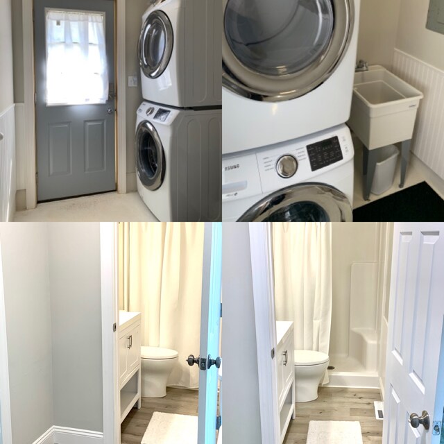 Laundry room with stackable washer and dryer &amp; full bathroom with walk in shower - 9370 E Miami Ave