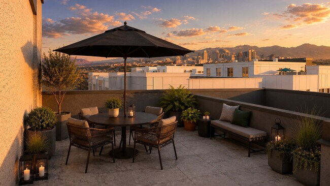 Rooftop terrace at The Mont with Salt Lake City and mountain views - The Mont Granary