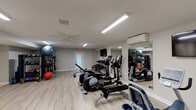 This fitness center offers a comprehensive workout environment designed to accommodate a wide range of exercise routines. The space features light wood-style flooring throughout, neutral gray walls, and bright overhead fluorescent lighting that keeps the area well-illuminated. A ceiling fan provides additional air circulation, complemented by a wall-mounted split air conditioning unit for climate control.

The cardio section is prominently equipped with multiple Life Fitness treadmills and an elliptical machine, positioned along one wall for efficient use of space. Adjacent to the cardio equipment, a rowing machine and recumbent bike provide additional low-impact options. An Olympic barbell and weight plates on a squat stand cater to strength training needs.

A dedicated free weights area includes a multi-tier dumbbell rack stocked with a range of weights, paired with a wooden bench and a wall-mounted flat-screen television for entertainment during workouts. Full-length mirrors line portions of the walls, visually expanding the space and allowing for form checks during exercise.

Along the opposite wall, a well-organized storage rack holds a variety of exercise accessories including medicine balls, stability balls, kettlebells, and resistance tools. The open floor plan allows for stretching and functional training, and the space connects through a set of glass-panel doors, suggesting easy access to additional amenities.
