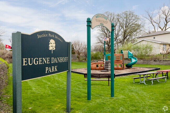 Eugene Danhoff Park is a small plot of green tucked away in Justice's neighborhood streets.