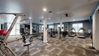 Located at 12639 Coit Rd in Dallas, TX, this fitness center offers a generously sized, single-floor workout facility designed to accommodate a wide range of exercise needs. The space is defined by its open layout, punctuated by white structural columns that lend an organized feel without interrupting the flow of the floor plan. Walls are painted in a cool slate blue, contributing to a focused and energizing atmosphere throughout.

The flooring consists of a durable, checkered tile-style carpet that provides both comfort and practicality for high-traffic use. Recessed lighting and ceiling fans are distributed across the space, ensuring consistent illumination and air circulation. Large windows along the perimeter allow natural light to filter in, offering views of the surrounding exterior.

The cardio section is well-appointed with a row of treadmills, elliptical trainers, and stationary bikes from brands including Cybex and Hoist. The strength training area features a multi-station cable machine, weight benches, medicine balls in various sizes, and additional resistance equipment. A large athletic mural adorns one wall, adding a dynamic visual element to the space. Two additional rooms, accessible via white panel doors, provide supplementary space and are reflected in strategically placed mirrors that enhance the sense of openness.
