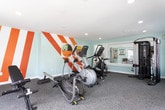 Located at 1355 Graves Rd in Norcross, Georgia, this fitness center at Vibe Apartments is a well-appointed, single-floor workout facility designed to support a comprehensive exercise routine. The space is finished with soft aqua-toned walls that create a calm, energizing atmosphere, complemented by a bold accent wall featuring striking orange and white diagonal stripes that adds a dynamic visual focal point to the room.

The facility is equipped with a well-rounded selection of fitness equipment, including elliptical trainers, a rowing machine, a stationary bike, and a multi-function cable/strength training station. A dedicated free weights area offers a tiered dumbbell rack, and an adjustable workout bench provides versatility for strength training exercises.

Durable, textured carpet flooring covers the workout area, providing comfort and traction underfoot. Recessed lighting throughout keeps the space well-lit, while multiple windows along the walls invite abundant natural light and views of the surrounding community. French doors open directly to an outdoor area, enhancing ventilation and connectivity to the exterior.

A large interior window looks into an adjacent community room, reinforcing the open, connected feel of the overall amenity space. The fitness center offers a clean, modern environment well-suited for residents seeking convenient, on-site exercise facilities.