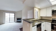 This single-floor residence offers a well-designed open layout that connects the kitchen and living areas seamlessly. The kitchen is outfitted with crisp white cabinetry, dark countertops, and a full suite of stainless steel appliances, including a refrigerator, range, microwave, and dishwasher. A peninsula counter with an extended breakfast bar creates a natural transition into the living space, which features vaulted ceilings, neutral carpet, and a tile-surround fireplace as a focal point. A sliding glass door floods the living area with natural light and provides direct access to an outdoor patio, where views of surrounding greenery are visible.

The bedroom is generously proportioned, benefiting from dual windows that frame lush, tree-lined outdoor views and allow ample natural light. The bathroom includes wood-look flooring, a dark vanity with a white countertop, and a grab bar for added accessibility. A dedicated laundry area houses a full-size washer and dryer with built-in shelving above for convenient storage. Throughout the home, warm neutral tones and consistent finishes create a cohesive and functional living environment.