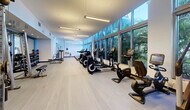 Located at 3635 NE 1st Ave in Miami's vibrant Midtown district, this fitness facility offers a comprehensive two-zone layout across a single generously sized floor. The main gym area is defined by its expansive floor-to-ceiling glass walls that frame lush tropical palm views, flooding the space with natural light and creating an energizing, open atmosphere. Light-toned flooring and crisp white walls lend a clean, modern aesthetic throughout.

The primary workout zone is comprehensively equipped with a full row of treadmills, elliptical cross-trainers, recumbent and upright cycles, cable machines, free weights, and a dumbbell rack — providing a well-rounded selection for both cardio and strength training. Wall-mounted mirrors along one side of the gym expand the visual depth of the space. Pendant and linear overhead lighting ensure consistent illumination throughout all hours.

Adjacent to the main gym is a dedicated studio room, ideal for yoga, barre, pilates, or dance. This space features warm hardwood flooring, a full-wall mirror with a barre rail, and frosted glass partitions that provide privacy while maintaining a bright, airy feel. Stylish globe pendant lights suspended from a teal-accented ceiling add a distinctive design touch. Large windows overlooking tropical greenery complete the serene, focused environment of the studio.