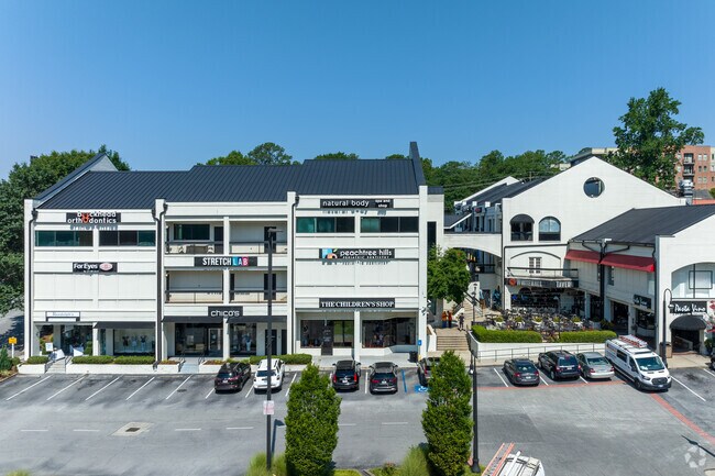 The Peachtree Battle shopping plaza features retail shops, salons, cafes, and a supermarket.