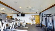 This dedicated fitness space is designed to support a comprehensive workout experience within a single-floor layout. The room features a textured ceiling with recessed lighting and a central ceiling fan, ensuring the space remains well-lit and well-ventilated during use. Crown molding adds a refined architectural touch along the upper walls, lending the room a polished appearance uncommon in typical gym settings.

Along one wall, large mirrors extend the visual depth of the space and assist with exercise form, while two wall-mounted flat-screen televisions provide entertainment during workouts. The flooring consists of durable rubber gym matting, practical for both cardio and strength training activities.

The cardio section includes a treadmill and a recumbent bike, both from recognized fitness equipment brands. On the opposite side of the room, a multi-station cable weight machine offers a range of strength training options. A water cooler station near the interior door ensures easy access to hydration. The warm wood tones of the door and base molding complement the light blue walls, creating an inviting atmosphere. Ceiling-mounted speakers suggest the room is wired for audio, further enhancing the overall workout environment.