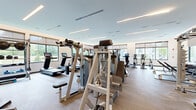Located at 1013 Hunters Glen Dr in Plainsboro, NJ, this fitness center offers a generously sized, single-floor facility designed to accommodate a full range of workout needs. The space is thoughtfully laid out with distinct zones for both cardio and strength training, creating an organized and efficient exercise environment.

The cardio area features a row of treadmills, ellipticals, and stationary bikes, all equipped with individual digital screens. Large floor-to-ceiling windows line the walls, flooding the space with natural light and offering views of the surrounding greenery — an energizing backdrop for any workout.

The strength training zone is equally well-appointed, featuring power racks, cable machines, a comprehensive dumbbell rack, and a variety of selectorized resistance machines. Full-length mirrors along one wall enhance the sense of space while allowing users to monitor their form.

A motivational mural reading "Be Brave. Be Bold. Be You." spans a prominent accent wall, adding a vibrant and energizing character to the interior. The flooring combines durable carpet tile and hardwood-style surfaces suited to different workout activities.

Recessed linear lighting throughout ensures consistent illumination across the entire floor. The overall design is clean, modern, and functional — offering a professional-grade fitness experience in a welcoming, well-maintained environment.