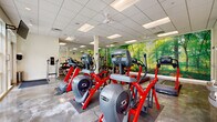 Located at 1659 Monroe Dr NE in Atlanta's vibrant Midtown neighborhood, this single-floor fitness center is a well-appointed facility designed to support a comprehensive workout experience. The space features polished concrete flooring throughout, lending it a modern, durable aesthetic that is both functional and visually clean.

The cardio zone is prominently equipped with a row of Cybex ARC Trainer ellipticals and treadmills, all finished in a bold red-and-gray color scheme. Ceiling fans and recessed panel lighting provide consistent air circulation and bright, even illumination across the workout floor. A striking full-wall nature mural depicting a lush forest canopy serves as the focal point of the room, creating an immersive, energizing atmosphere.

A dedicated strength training area features cable machines, weight stations, and free weight accessories, complemented by floor-to-ceiling mirrors that enhance the sense of space and allow for form monitoring. A mounted flat-screen television and large glass windows face an outdoor area, allowing natural light to filter in while offering views of the surrounding greenery.

Additional amenities include a water fountain station, a hand sanitizer dispenser, posted fitness center rules, and ample open floor space for stretching and functional training. The overall design is clean, organized, and purpose-built to deliver a complete fitness environment.