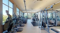 This fitness center offers a comprehensive workout environment designed to accommodate a wide range of exercise routines. The space is characterized by an open, single-floor layout with light wood-style flooring and neutral-toned walls that contribute to a clean, energizing atmosphere. Ceiling fans are positioned throughout to maintain air circulation, complementing the abundant natural light streaming through large floor-to-ceiling windows and glass walls that frame views of the surrounding greenery and outdoor areas.

The cardio zone lines one side of the room with a full row of Precor elliptical trainers and treadmills, each equipped with personal display screens. A dedicated spin studio area, separated by floor-to-ceiling glass partitions, houses multiple Silk cycling bikes alongside a media system, making it well-suited for group or individual cycling sessions.

On the opposite side, a robust selection of cable-based strength machines and multi-functional resistance systems provide versatile options for full-body training. Rubber floor mats are positioned in the free weight and functional training areas, offering a designated space for strength and flexibility work. Wall-mounted mirrors expand the sense of space and allow users to monitor their form. The overall layout ensures clear sightlines and ample room to move between stations comfortably.