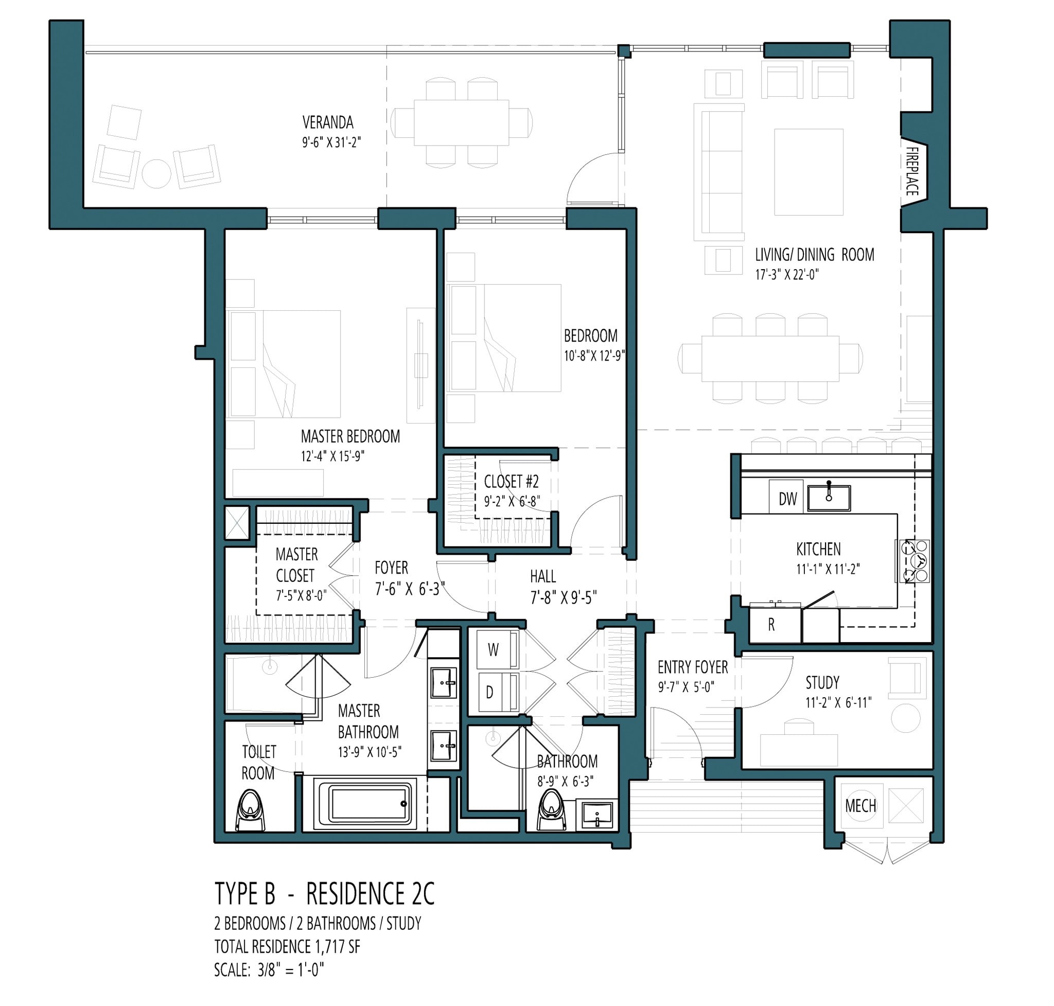 Harbor Verandas – Type B - 2 bedroom / 2 bath with study