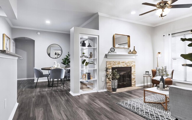 Open Floorplan with Living Room Dining Area Fireplace and Built in Shelves - Mesa Verde