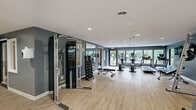 Located at 427 Blue Ridge Drive in Augusta, Georgia, this single-story fitness facility offers a thoughtfully organized layout designed to support a wide range of exercise activities. The space is spread across one floor and is divided into distinct functional areas connected by two hallways.

The main exercise room is generously proportioned and finished with light wood-look flooring that contributes to a clean, modern aesthetic. Dark slate-blue accent walls provide a bold contrast against the white ceiling, which features recessed lighting for consistent illumination throughout. Large windows and glass doors line the perimeter, flooding the space with natural light and offering views of the surrounding greenery. The room is equipped with a Precor cable machine, a full dumbbell rack, weight benches, treadmills, ellipticals, and a stationary bike, along with a wall-mounted television. Full-length mirrors are strategically placed to maximize sightlines across the floor.

A secondary studio room features a wall-to-wall mirror with a mounted wooden ballet barre and light wood flooring, making it well-suited for barre, yoga, or Pilates classes. Stability balls are stored along the perimeter, and track lighting overhead ensures even coverage. An additional flexible room with a pass-through window overlooking the main gym provides a quieter, adaptable space within the facility.