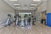 This single-story fitness center located in Newnan, GA is designed to provide a bright, open, and well-equipped exercise environment. The space features light hardwood-style flooring throughout, neutral taupe walls, and elevated ceilings that contribute to an airy, spacious atmosphere. A defining architectural element is the large glass garage-style door that opens the facility to views of an outdoor pool area, allowing natural light to flood the interior and create a seamless indoor-outdoor connection. Additional floor-to-ceiling windows along multiple walls further enhance visibility to the surrounding greenery.

The cardio zone includes multiple treadmills, elliptical machines, stair climbers, and stationary cycling bikes arranged to maximize space and allow for comfortable use. A dedicated strength training area features a full rack of dumbbells, kettlebells, and an adjustable workout bench. Resistance and functional training accessories, including medicine balls and a yoga mat station, are organized along the walls. Wall-mounted flat-screen televisions are positioned throughout for entertainment during workouts. Ceiling fans and recessed lighting ensure comfort across all areas. A small workstation area provides additional utility within the space.
