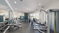 Located at 6975 Sierra Club Cir in Naples, Florida, this single-story fitness center offers a comprehensive, well-organized workout facility designed to accommodate a wide range of exercise needs. The space is divided into distinct functional zones, each thoughtfully appointed with quality Matrix equipment and finished with crown molding and recessed lighting throughout.

The cardio area features hardwood-style flooring, ceiling fans, and abundant natural light from large plantation-shuttered windows. Treadmills, ellipticals, stationary bikes, and cycling machines are arranged to maximize space and airflow, with a wall-mounted television providing entertainment during workouts.

The strength training zone transitions to durable dark rubber flooring and houses an extensive selection of Matrix cable machines, functional trainers, bench press stations, and cable pulleys. A full rack of dumbbells lines a teal accent wall, complemented by motivational framed artwork that energizes the environment.

A dedicated functional fitness area provides hardwood-style flooring, TRX suspension straps, and a well-stocked rack of stability balls and medicine balls in various sizes, supporting flexibility and cross-training routines. Floor-to-ceiling mirrors extend across key walls, enhancing the sense of openness. Large windows throughout offer views of lush Florida landscaping, connecting the interior to the outdoors and creating a bright, inviting atmosphere ideal for focused training.