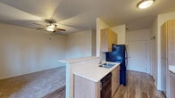 This single-floor unit presents a cohesive, contemporary design throughout its layout. The kitchen is a functional galley-style space outfitted with warm-toned wood laminate cabinetry extending to the upper walls, providing ample storage. Black appliances — including a refrigerator, electric range, microwave, and dishwasher — contrast cleanly against the white countertops. Wood-look plank flooring runs throughout the kitchen and entry areas, contributing a durable, modern aesthetic.

A peninsula counter extends from the kitchen into the living area, creating a natural division between the two spaces while offering a convenient breakfast bar. The living area transitions to soft carpeting underfoot and features a ceiling fan with a light fixture. A wall-mounted PTAC unit and a window that allows natural light and outdoor views are also present in this space.

The bedroom is a quiet, carpeted room with clean white walls, a ceiling fan, a window with an exterior view, and a wall-mounted PTAC unit for individual climate control. The bathroom features light tile flooring, a wood-tone vanity with a white countertop, and a full soaking tub with a shower and towel bar, all set within a clean, neutral palette.