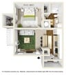 This 500 square foot, one-bedroom apartment offers a blend of modern comfort and efficient design. The open-concept layout maximizes the use of space, creating a seamless flow between the living areas. The kitchen is a standout feature, boasting white cabinetry, granite countertops, and stainless steel appliances, including a refrigerator, stove, and built-in microwave.

The living room area is bright and welcoming, with large windows allowing natural light to flood the space. Dark wood-look flooring runs throughout, adding warmth and continuity. The bedroom, measuring 140 square feet, includes a spacious closet and is carpeted for comfort.

The bathroom is well-appointed with modern fixtures, including a large mirror and necessary accessibility features. In-unit laundry adds convenience, with a full-size washer tucked away in a dedicated space.

Additional features include central air conditioning, as evidenced by the thermostat visible in one of the images. The apartment's neutral color palette and clean lines create a contemporary feel, making it easy for residents to personalize their space. With its efficient use of space and updated amenities, this apartment offers comfortable, low-maintenance living in a compact footprint.