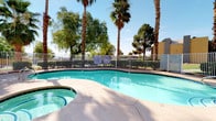This single-level outdoor amenity space is centered around a generously sized freeform swimming pool with striking turquoise water, complemented by an adjoining spa/hot tub. The pool area is enclosed by a white metal safety fence, providing both security and an open, airy feel. A wide concrete sun deck surrounds the pool, furnished with green lounge chairs and chaise seating, offering ample space for relaxation and sunbathing. Towering palm trees and mature shade trees line the perimeter, creating a lush, resort-like atmosphere evocative of a warm desert locale. The backdrop features a stucco-clad clubhouse or community building with large windows and French doors that open directly onto the pool deck, seamlessly connecting indoor and outdoor spaces. The building's warm tan and yellow exterior tones complement the desert landscape. Posted pool rules and a utility room are also visible along the fence line, indicating a well-maintained communal facility. The combination of clear blue skies, vibrant greenery, and clean architectural lines makes this an inviting outdoor retreat well-suited for warm-weather enjoyment.